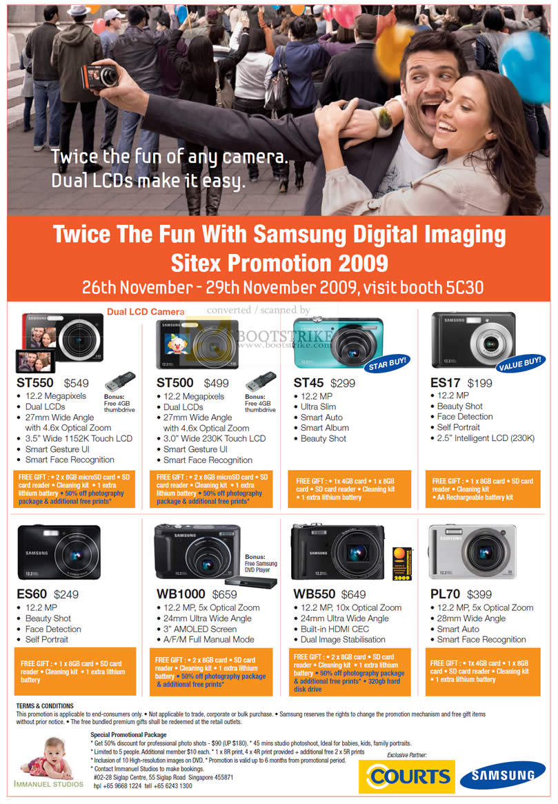 Sitex 2009 price list image brochure of Samsung Digital Cameras ST550 ST500 ST45 ES17 ES60 WB1000 WB550 PL70