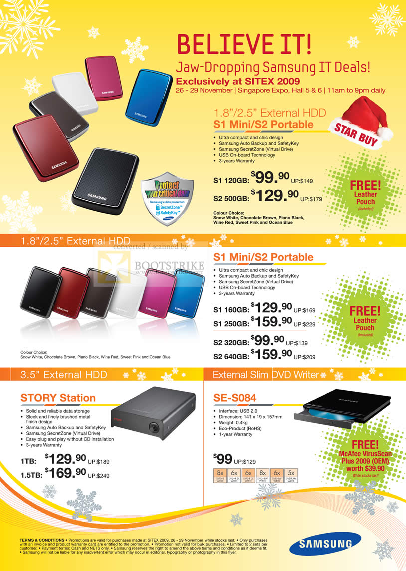 Sitex 2009 price list image brochure of Samsung External Drive Storage Mini Portable S1 S2 Story Station SE S084 DVD Writer