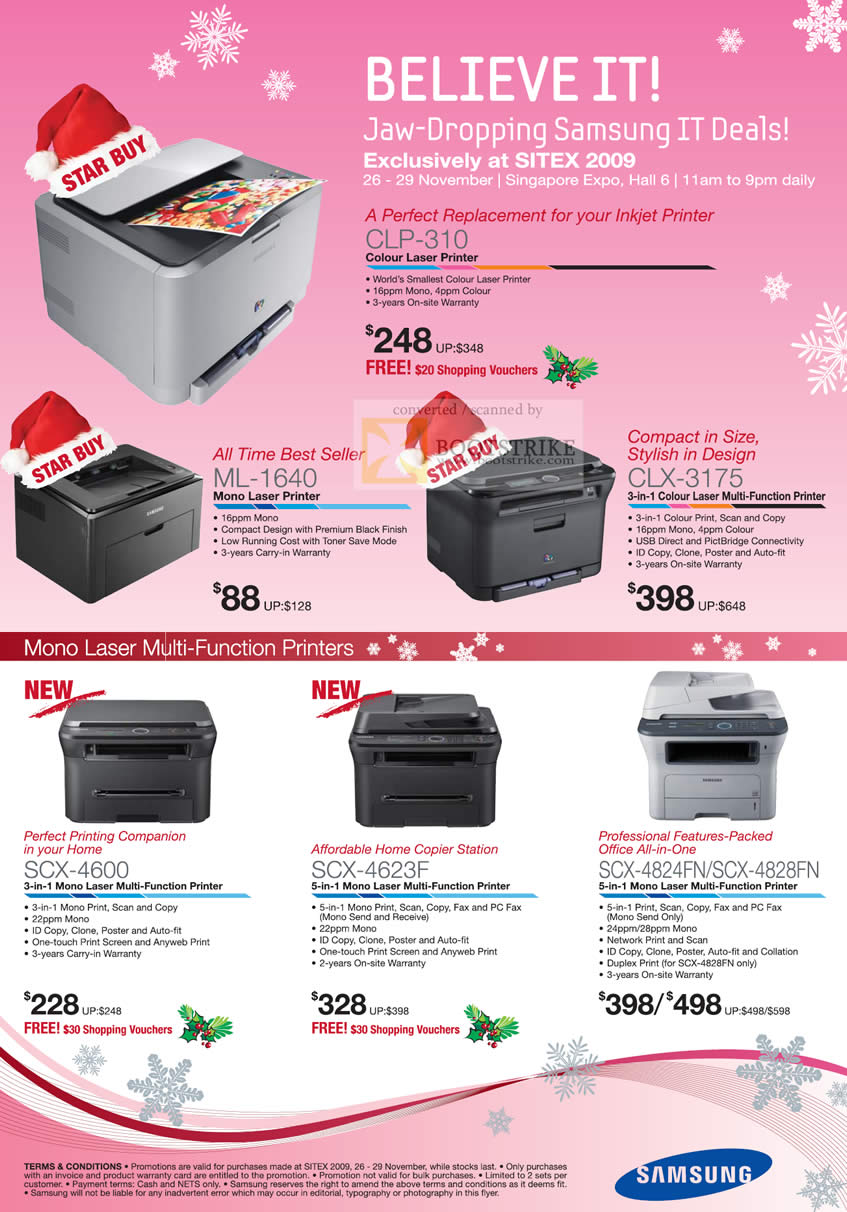 Sitex 2009 price list image brochure of Samsung Laser Printers ML 1640 CLX 3175 SCX 4600 4623F 4824FN 4828FN Colour