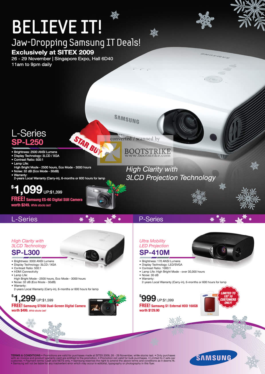Sitex 2009 price list image brochure of Samsung Projectors L Series SP L250 L300 410M