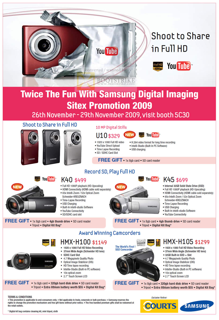 Sitex 2009 price list image brochure of Samsung Video Camcorders U10 K40 K45 HMX H100 H105