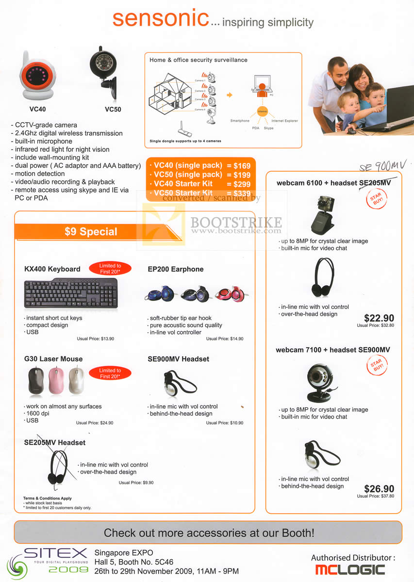 Sitex 2009 price list image brochure of Sensonic CCTV VC40 VC50 Webcam Camera 6100 Keyboard Mouse Earphone Headset