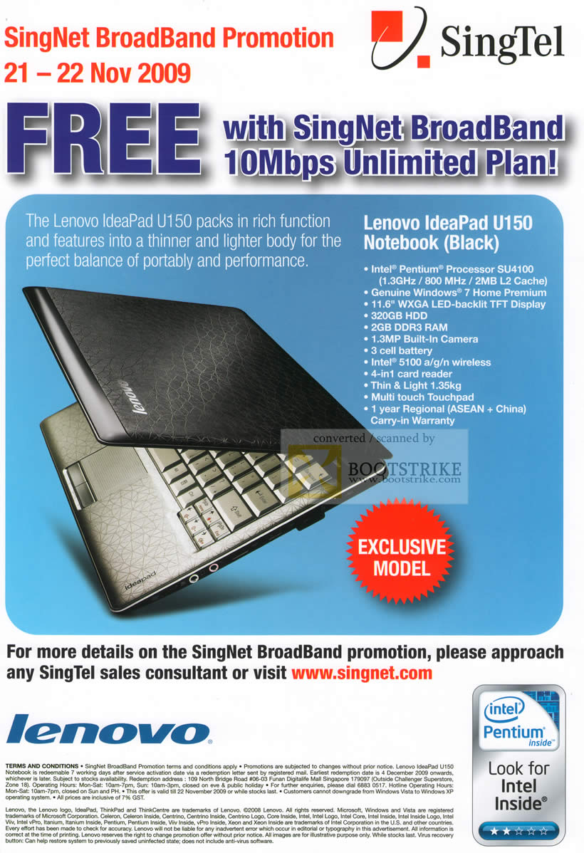 Sitex 2009 price list image brochure of Singtel Singnet Broadband 10Mbps Lenovo IdeaPad U150