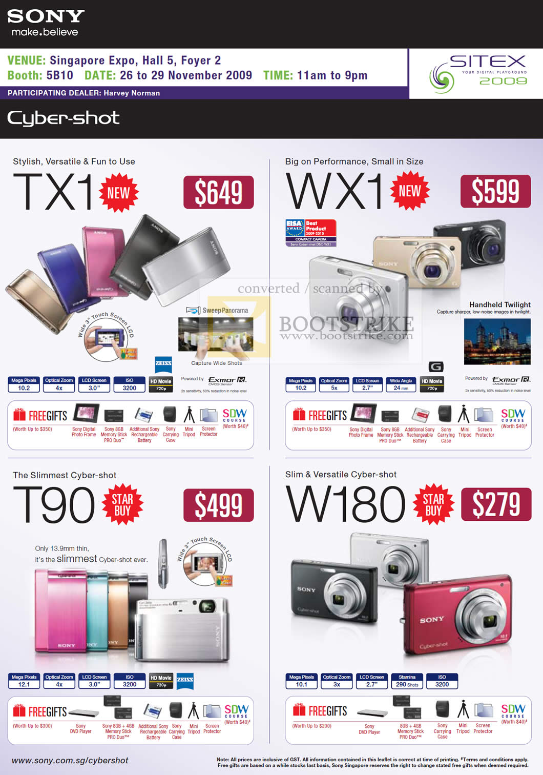 Sitex 2009 price list image brochure of Sony Cybershot Digital Cameras TX1 WX1 T90 W180
