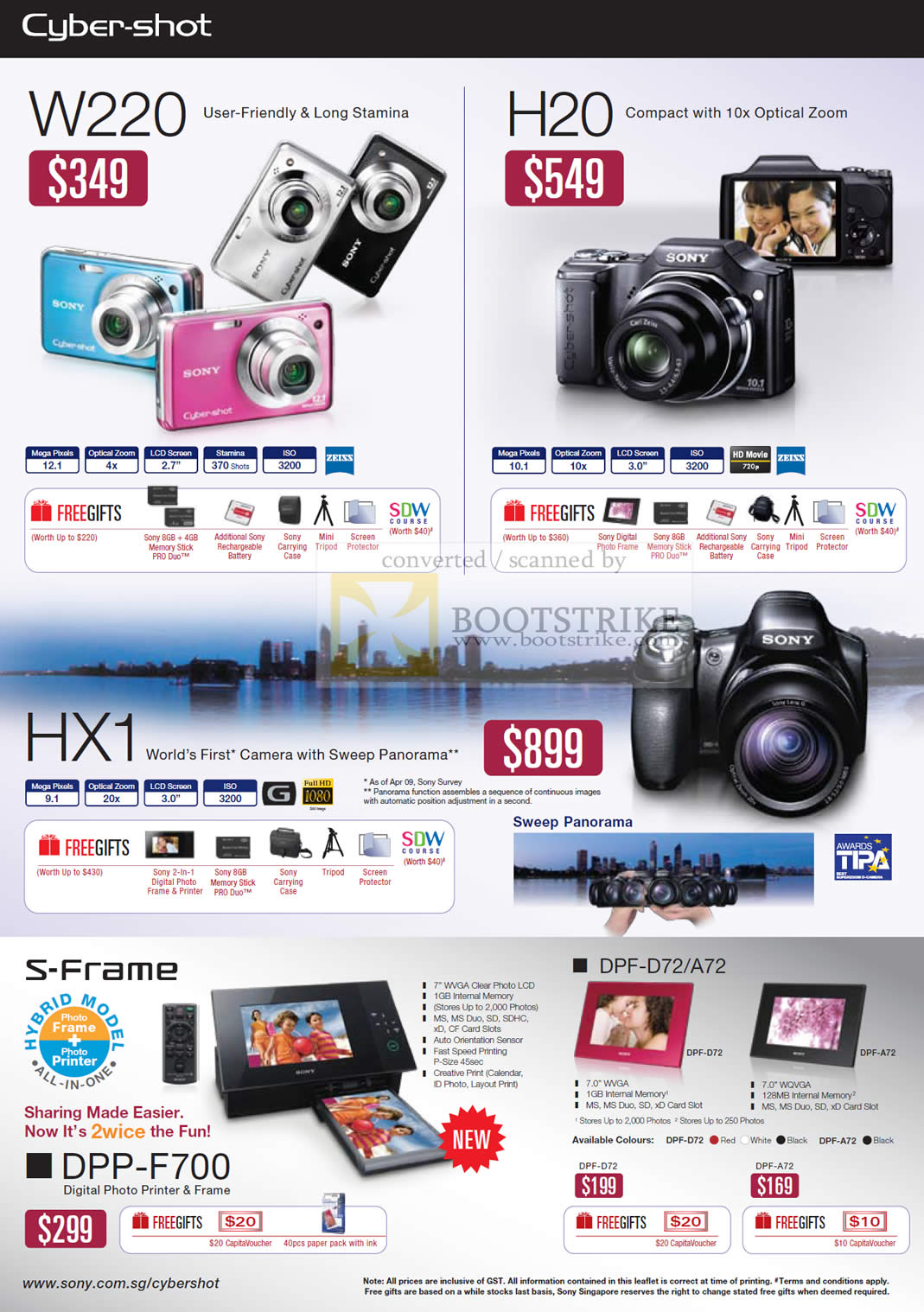 Sitex 2009 price list image brochure of Sony Cybershot Digital Cameras W220 H20 HX1 S Frame DPP Digital Photo Frames