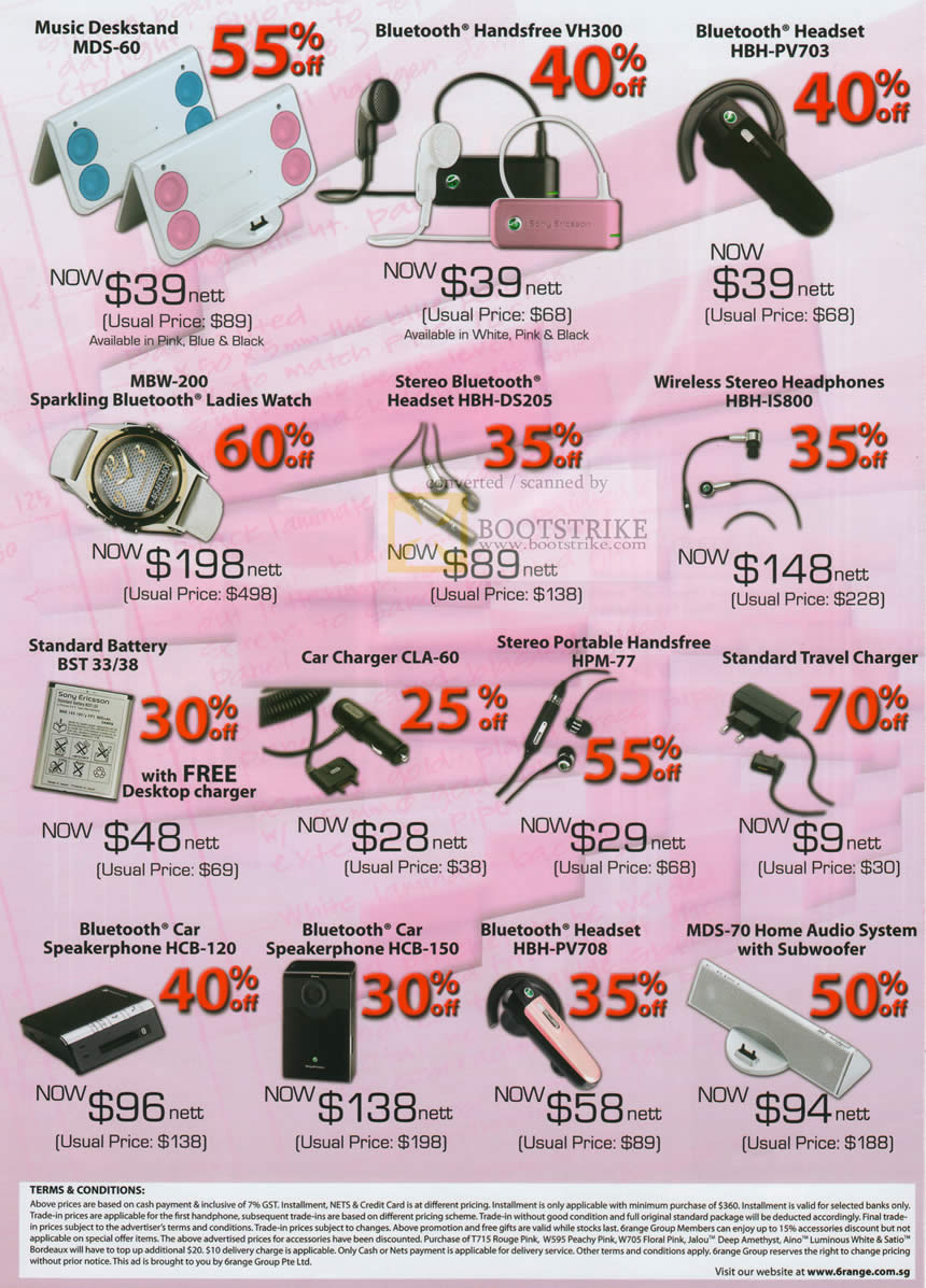 Sitex 2009 price list image brochure of Sony Ericsson 6Range Bluetooth Accessories Watch Wireless Charger Battery