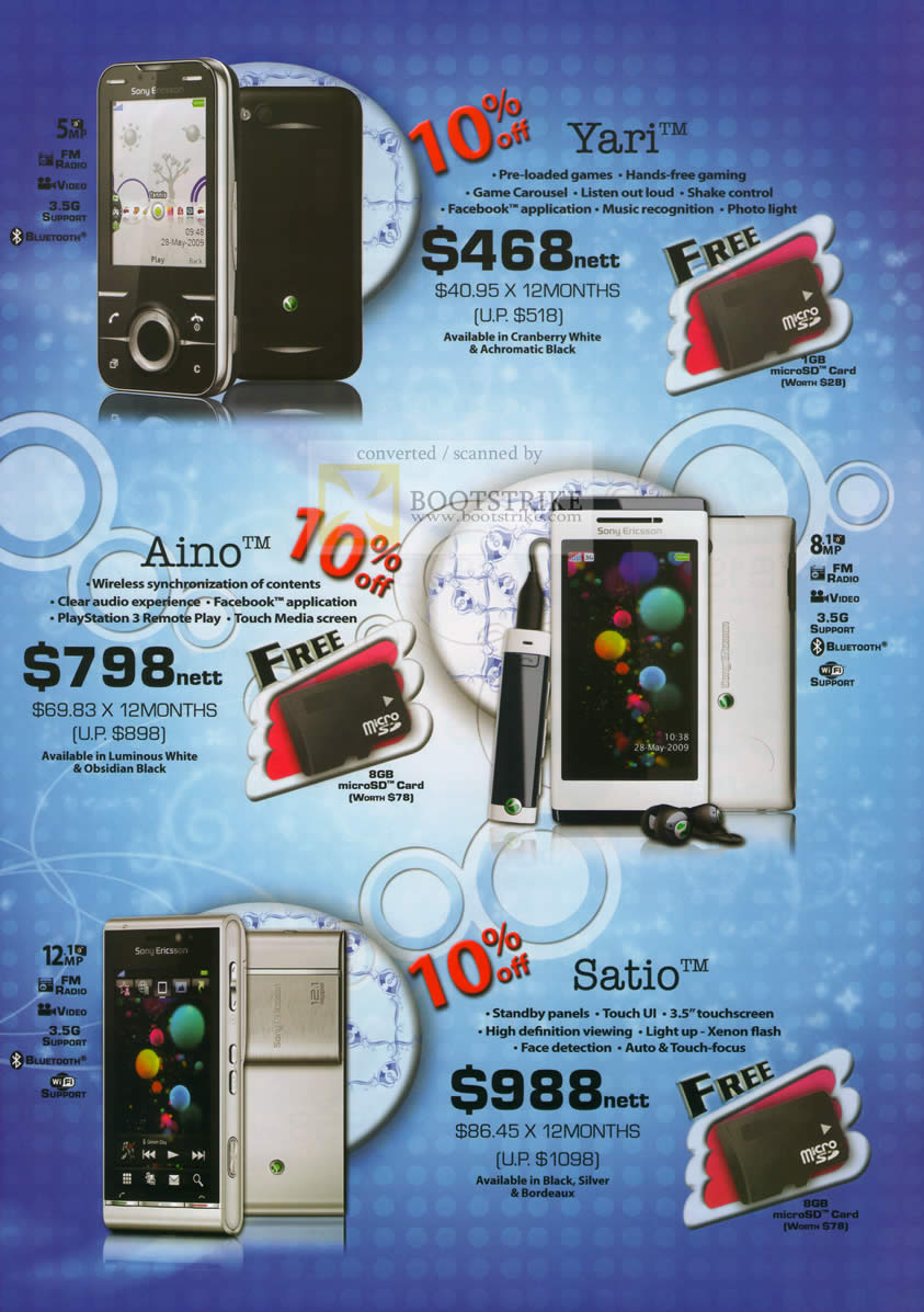 Sitex 2009 price list image brochure of Sony Ericsson 6Range Yari Aino Satio Mobile Phones