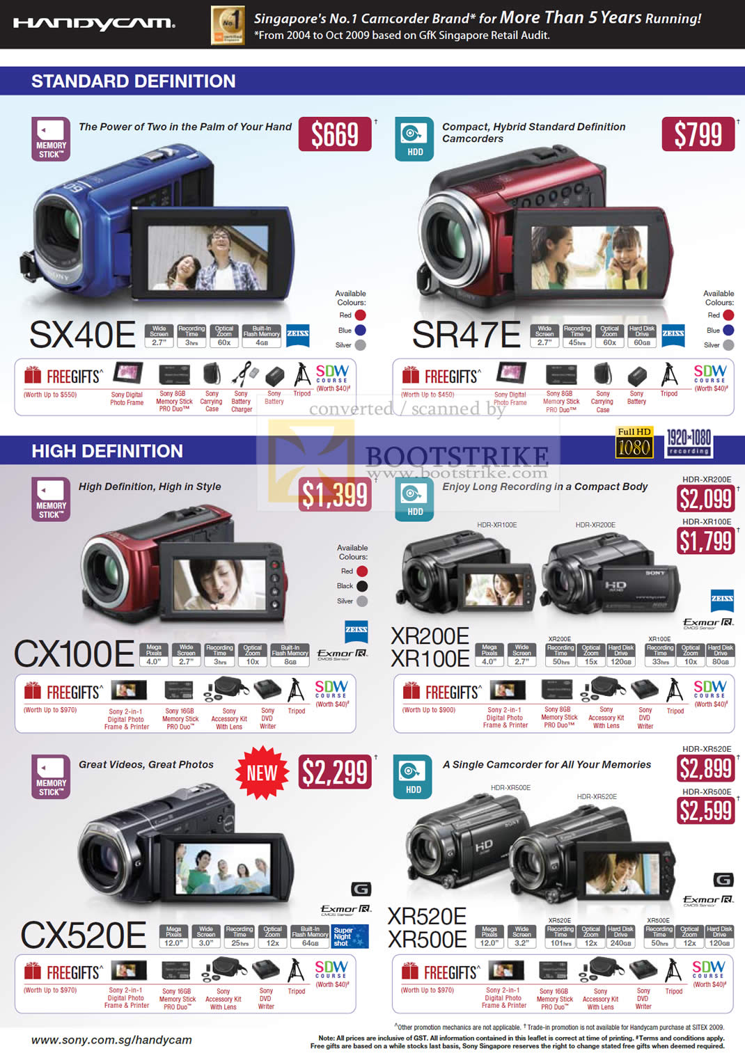 Sitex 2009 price list image brochure of Sony HandyCam Video Camcorder SX40E SR47E CX100E XR200E CX520E XR520E
