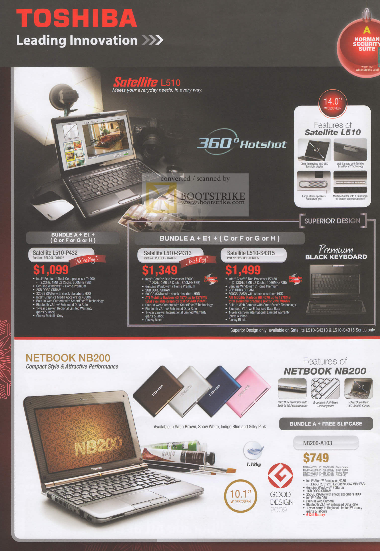 Sitex 2009 price list image brochure of Toshiba Satellite L510 P432 S4313 S4315 Notebooks Netbook NB200