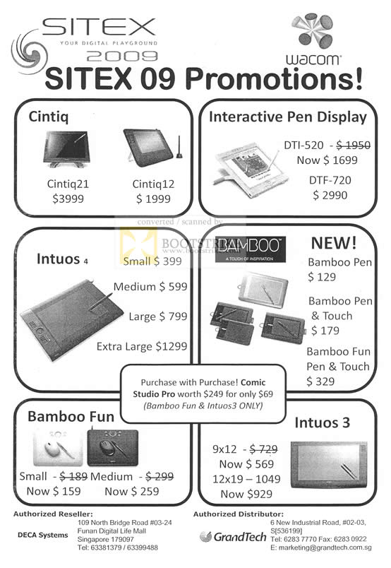 Sitex 2009 price list image brochure of Wacom Cintiq Interactive Pen Display Intuos Bamboo Fun 3 Tablet