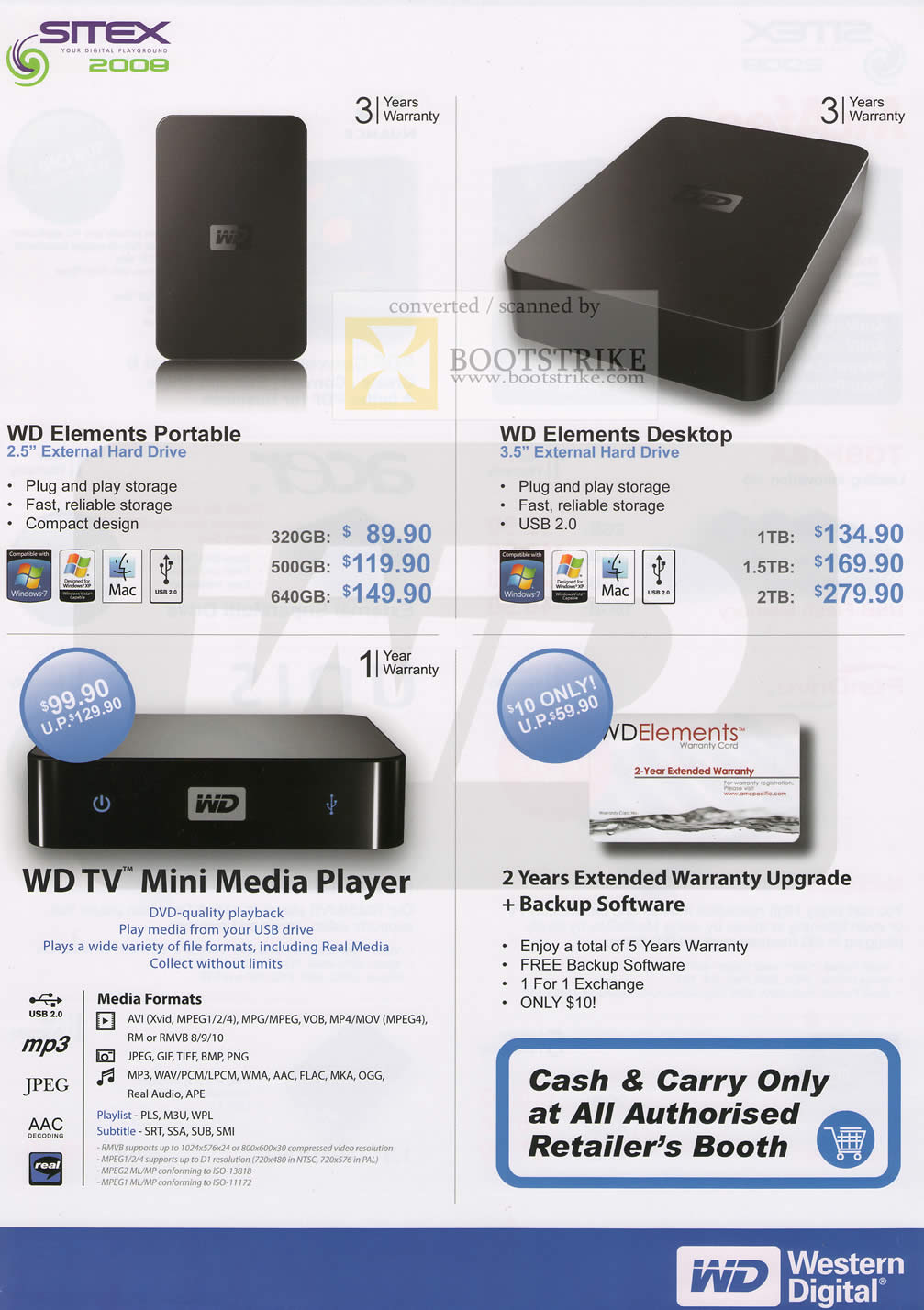 Sitex 2009 price list image brochure of Western Digital WD Elements Portable Desktop External Storage TV Mini Media Player