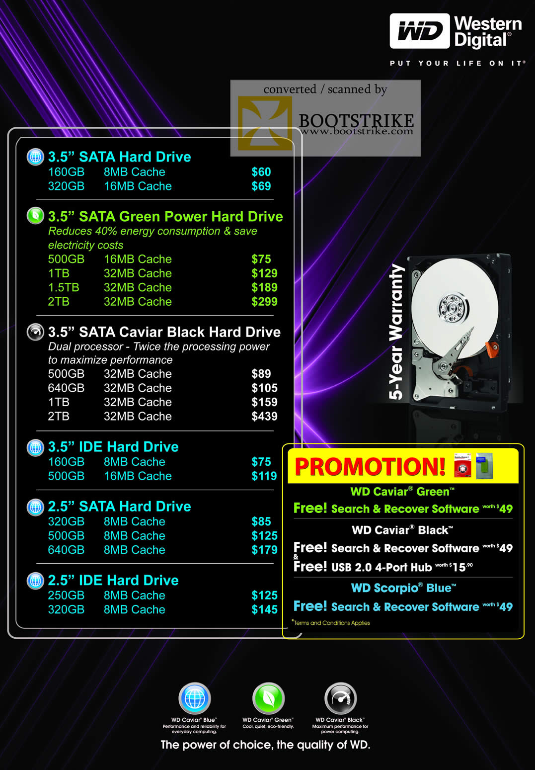 Sitex 2009 price list image brochure of Western Digital WD Internal Hard Disk SATA Green Power Caviar Black IDE Scorpio Blue
