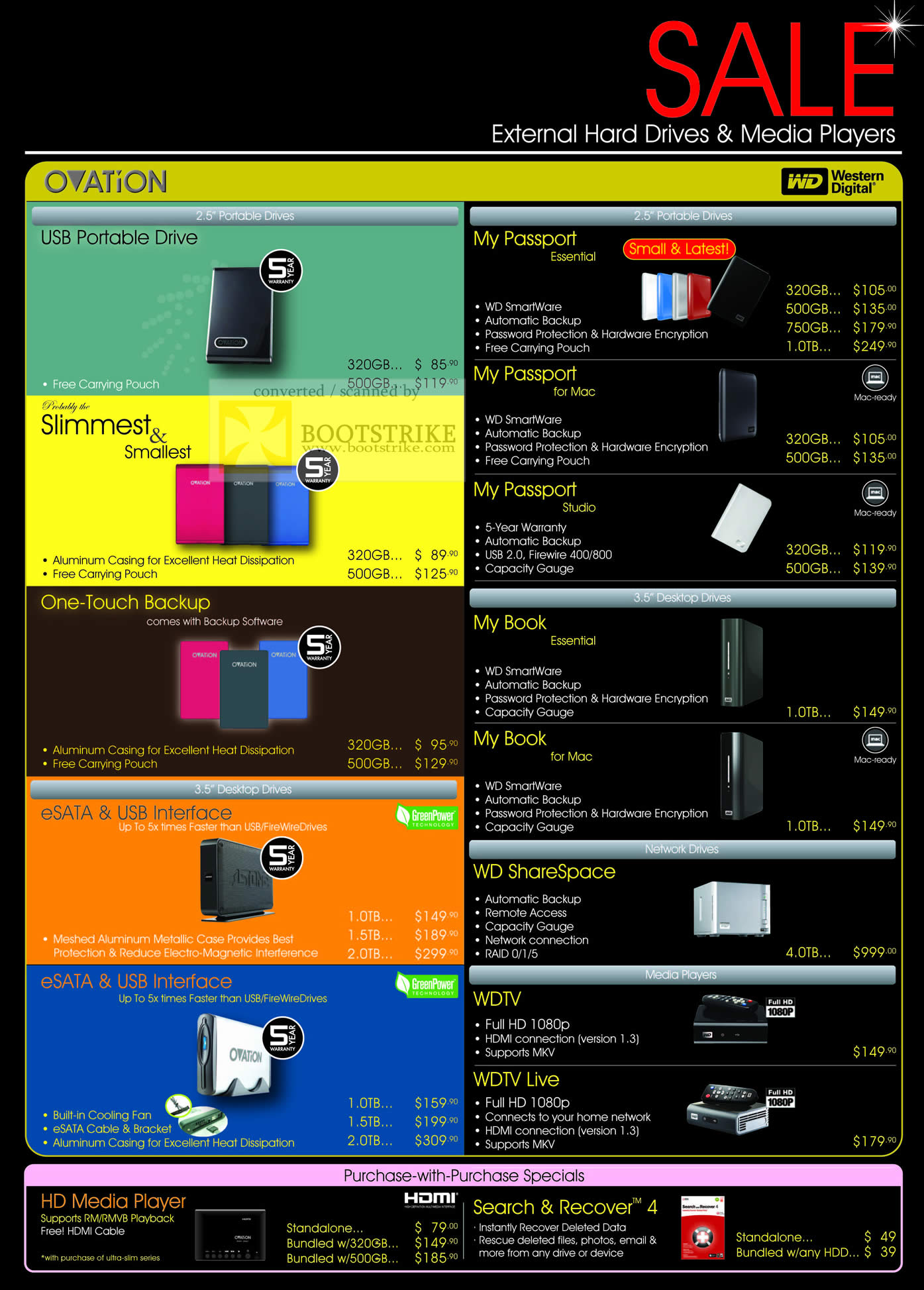 Sitex 2009 price list image brochure of Western Digital WD Ovation External Portable Drive Passport Book ShareSpace WDTV Live