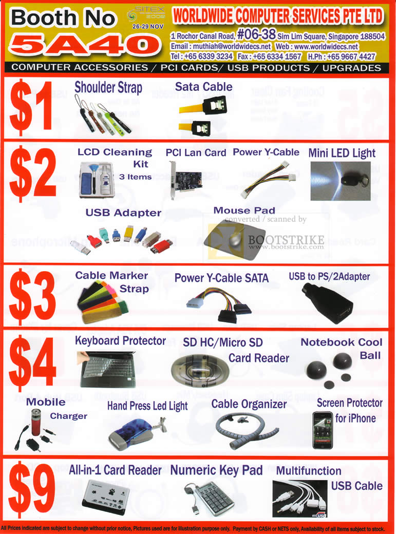 Sitex 2009 price list image brochure of Worldwide Computer Accessories Shoulder Strap LCD Cleaning Card Reader