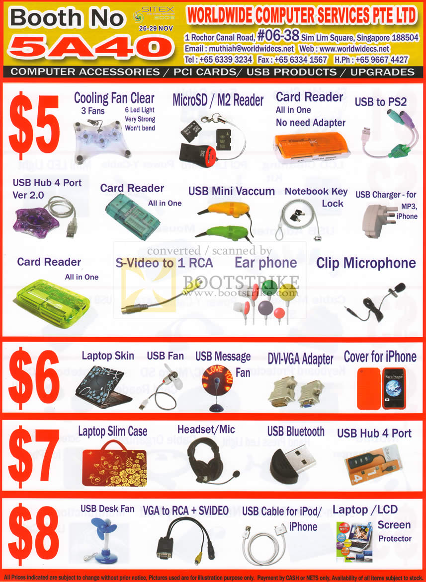 Sitex 2009 price list image brochure of Worldwide Computer Services Accessories Fan Laptop Skin Case USB Fan