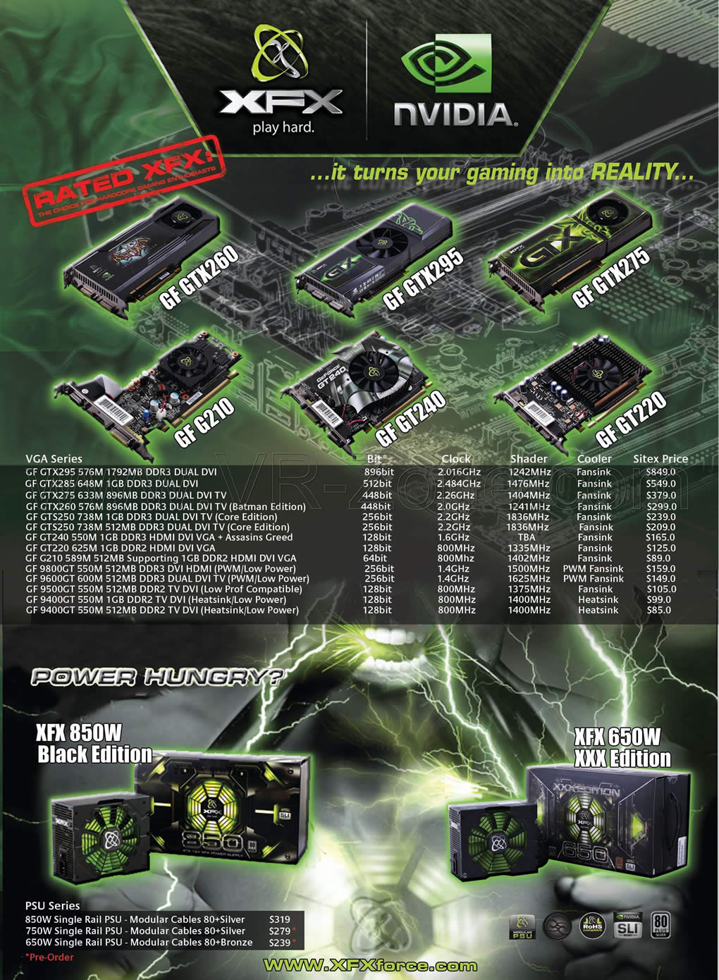 Sitex 2009 price list image brochure of XFX Nvidia Geforce FG GTX260 GTX295 Gaming Video Cards Power Supply 850W 650W