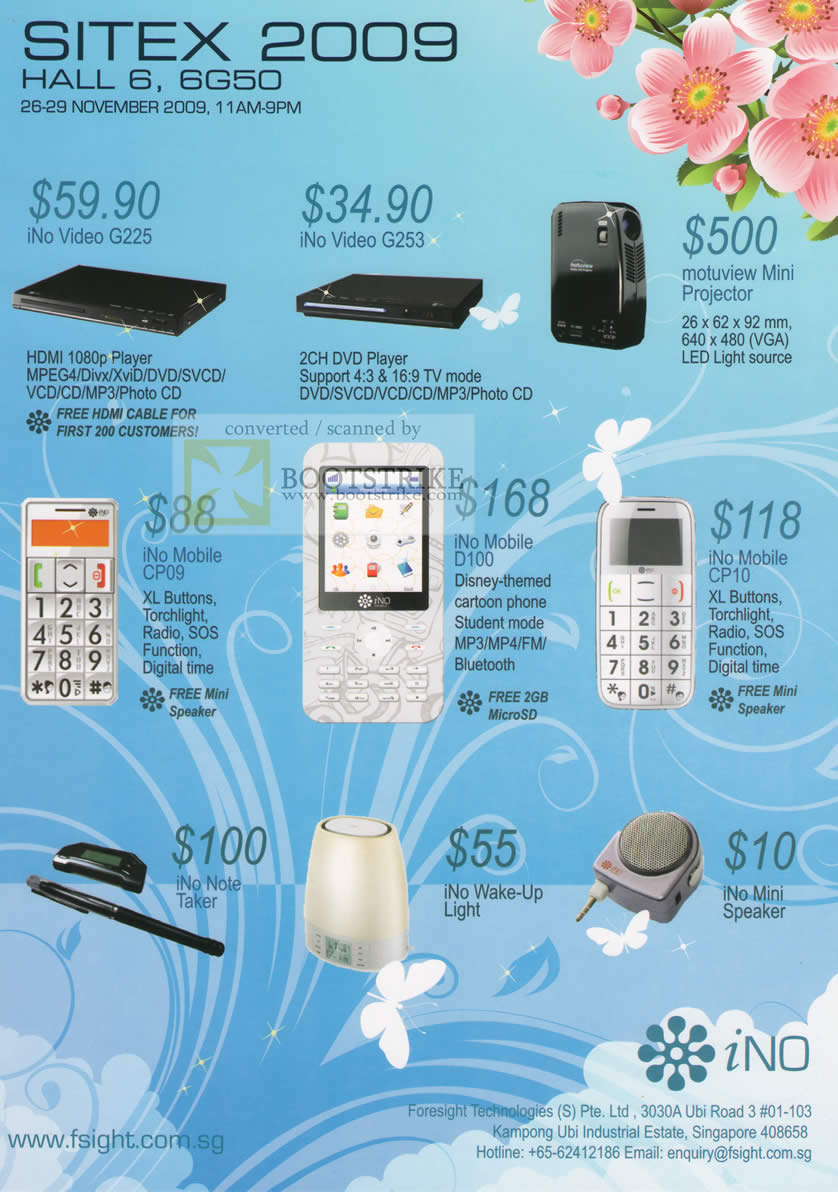 Sitex 2009 price list image brochure of INo Media Player Video G225 G253 Mobile Phones D100 CP09 CP10