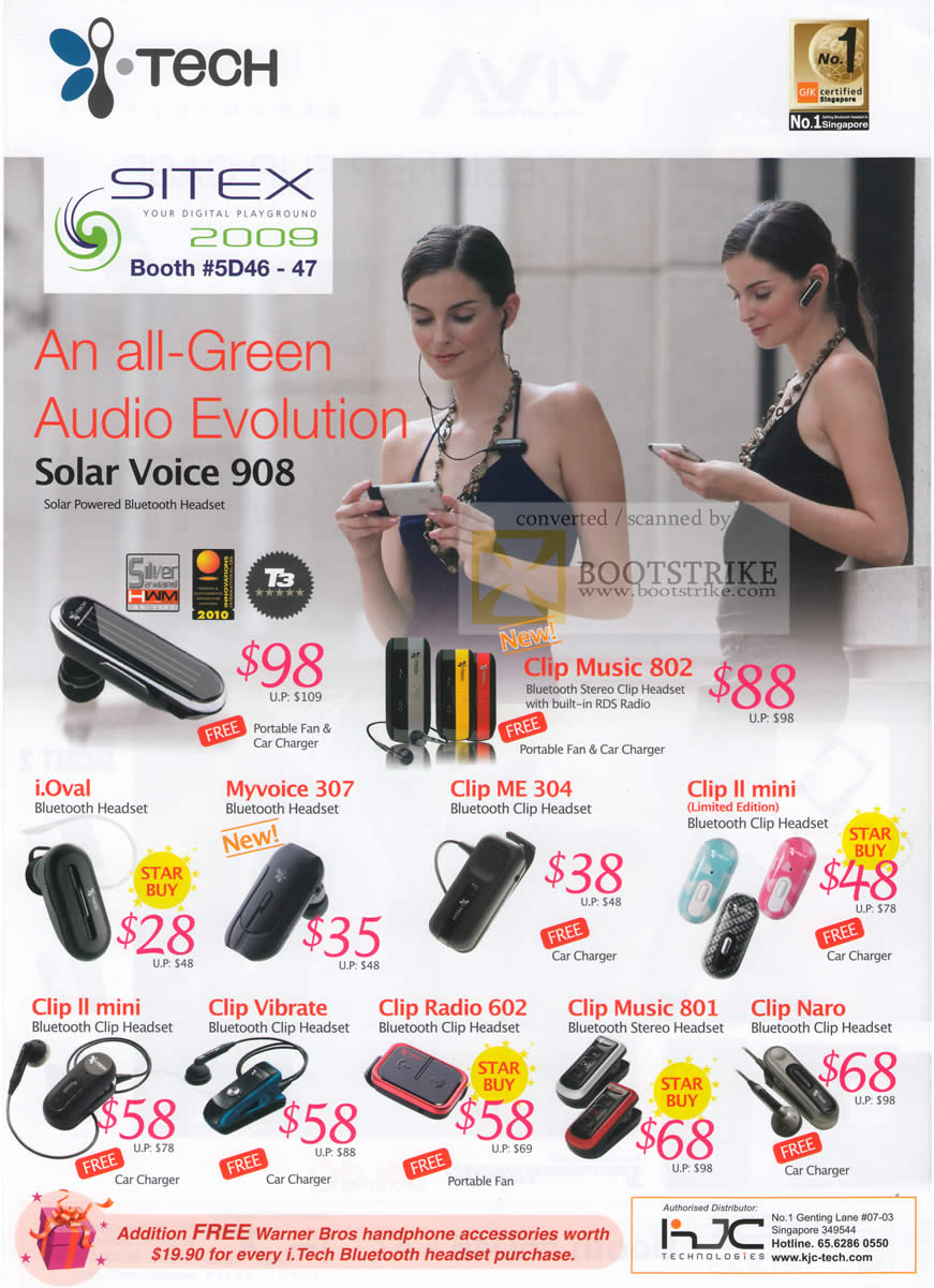 Sitex 2009 price list image brochure of ITech Solar Voice 908 Fan Car Charger Bluetooth Headset Clip I Oval Myvoice