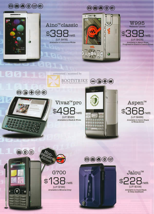 Sitex 2010 price list image brochure of 6Range Sony Ericsson Mobile Phones Aino Classic W995 Vivaz Pro Aspen G700 Jalou