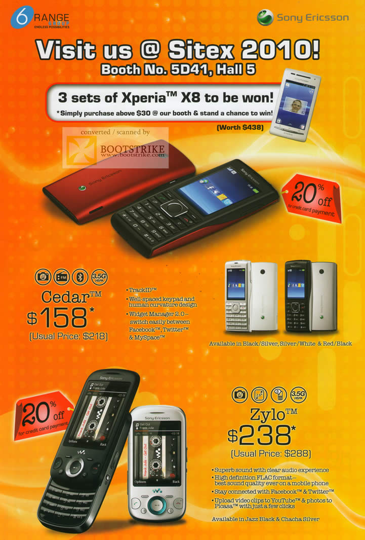 Sitex 2010 price list image brochure of 6Range Sony Ericsson Mobile Phones Cedar Zylo