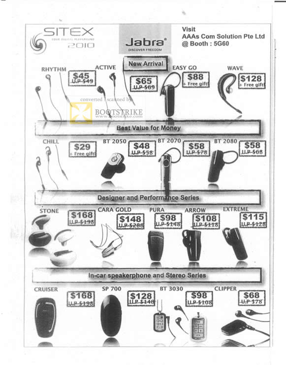 Sitex 2010 price list image brochure of AAAs Jabra Bluetooth Earpiece Rhythm Active Easy Go Chill Stone Cara Pura Cruiser Clipper
