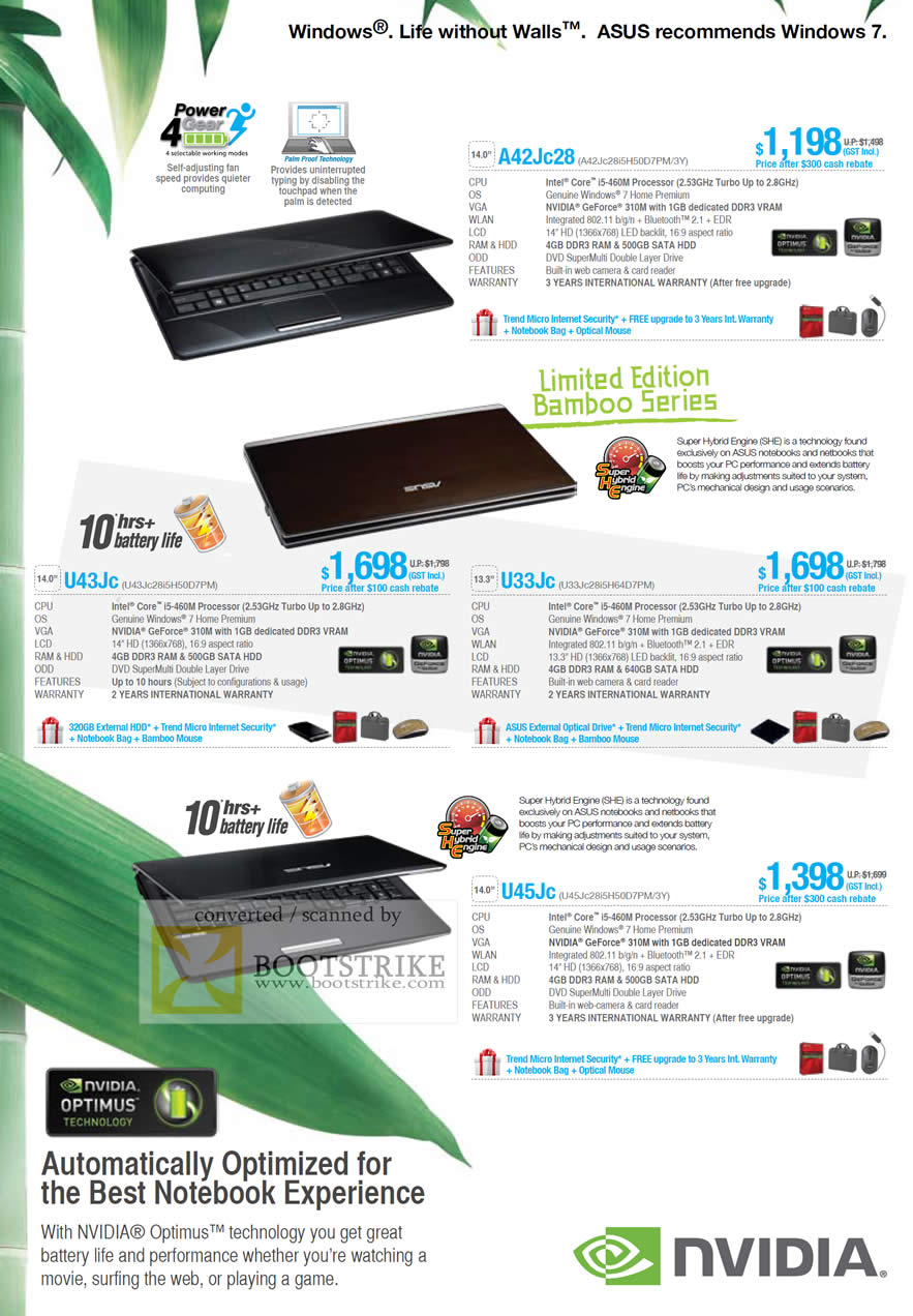 Sitex 2010 price list image brochure of ASUS Notebooks A42Jc28 U43Jc U33Jc U45Jc Nvidia Optimus Bamboo