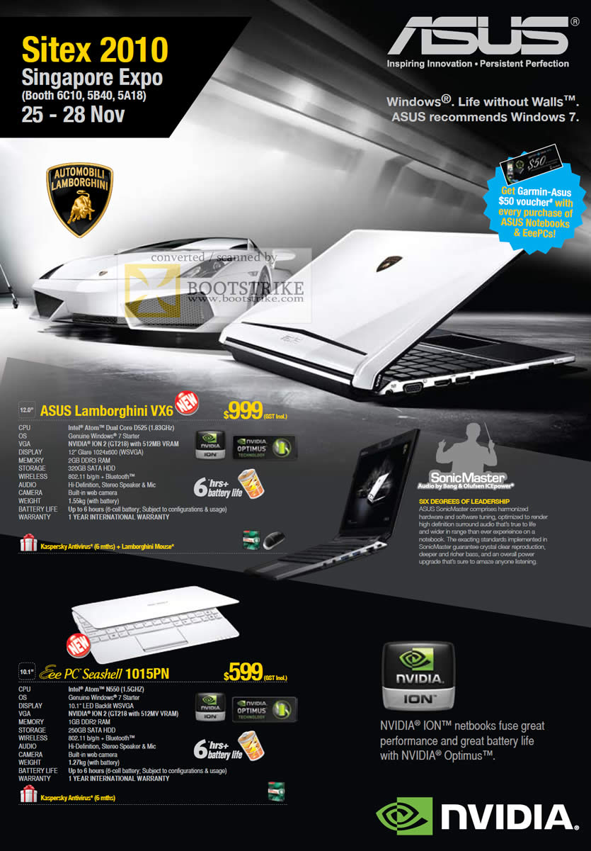 Sitex 2010 price list image brochure of ASUS Notebooks Lamborghini VX6 Eee PC Seashell 1015PN