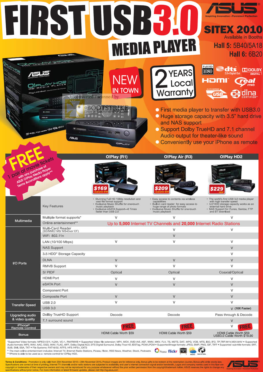Sitex 2010 price list image brochure of ASUS O Play USB 3 Media Player R1 Air R3 HD2