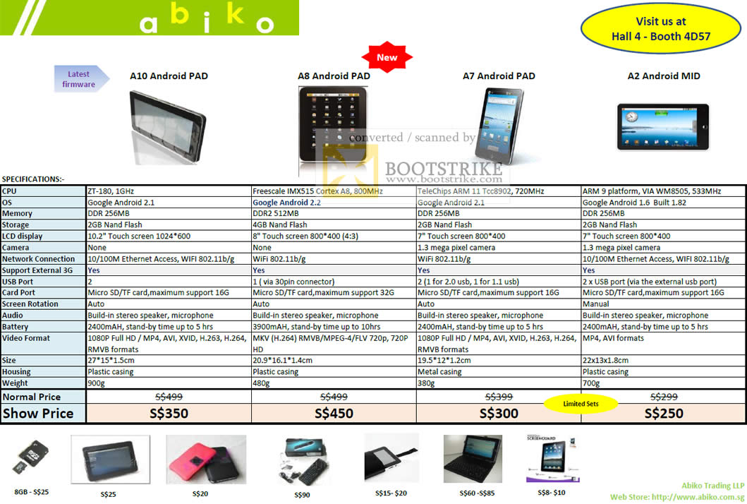 Sitex 2010 price list image brochure of Abiko Android PAD A10 A8 A7 A2 MID Touch Tablet