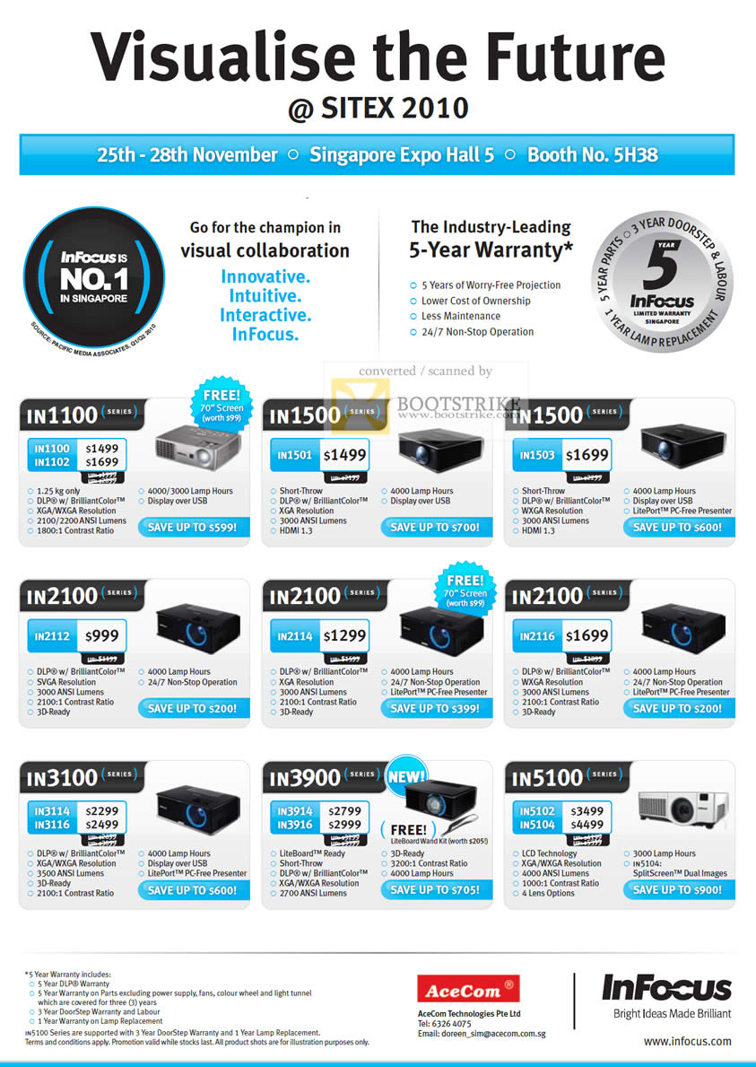 Sitex 2010 price list image brochure of Acecom Infocus Projectors IN1100 IN1500 IN2100 IN3100 IN3900 IN5100