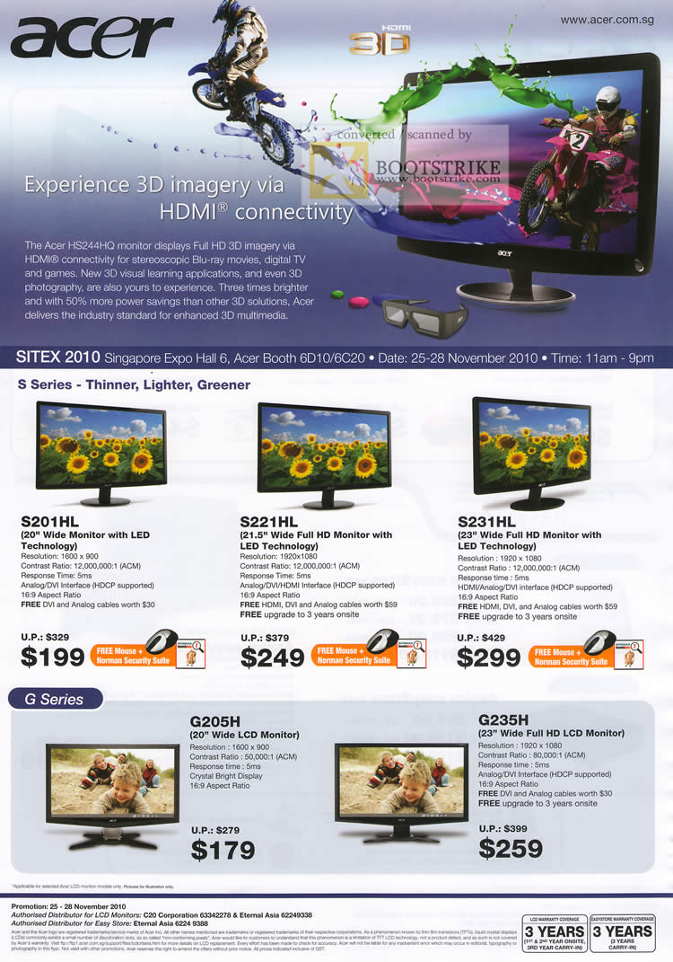 Sitex 2010 price list image brochure of Acer LCD Monitors LED S201HL S221HL S231HL G205H G235H S Series G Series