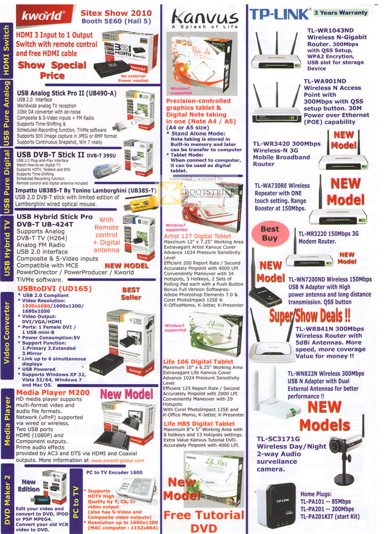 Sitex 2010 price list image brochure of Asia Radio KWorld HDMI Switch Kanvus TP Link Wireless N Router Media Player M200 Home Plug