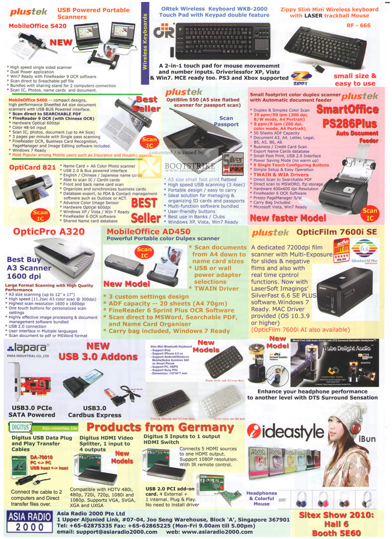 Sitex 2010 price list image brochure of Asia Radio Plustek Scanners USB Mobileoffice OptiCard SmartOffice OpticFilm 7600i OpticPro