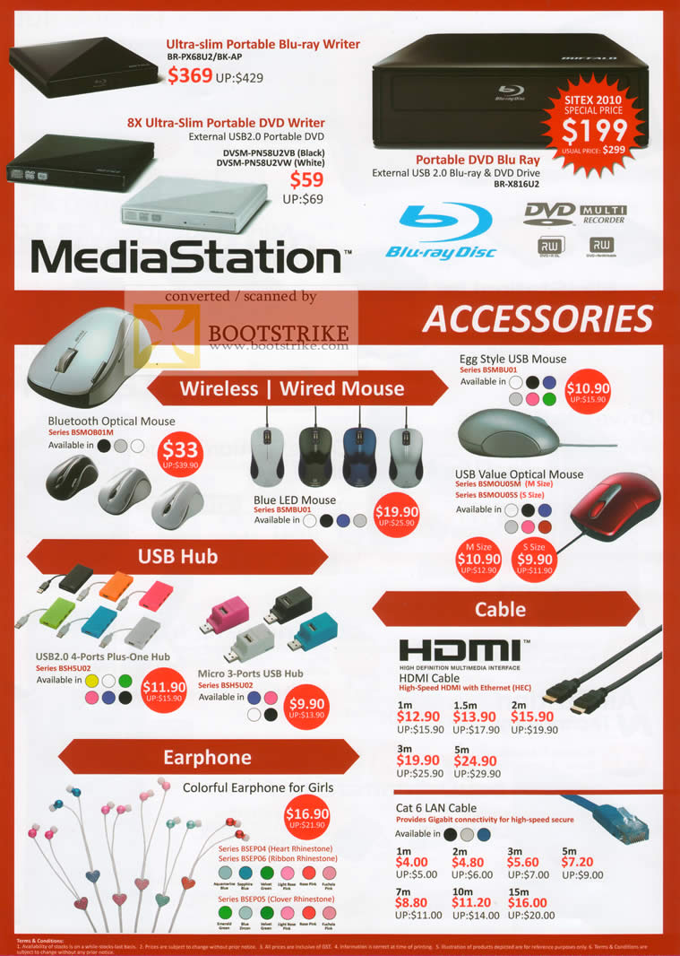 Sitex 2010 price list image brochure of Buffalo Blu Ray Writer DVD MediaStation Mouse Wireless USB Hub Earphone HDMI LAN Cable