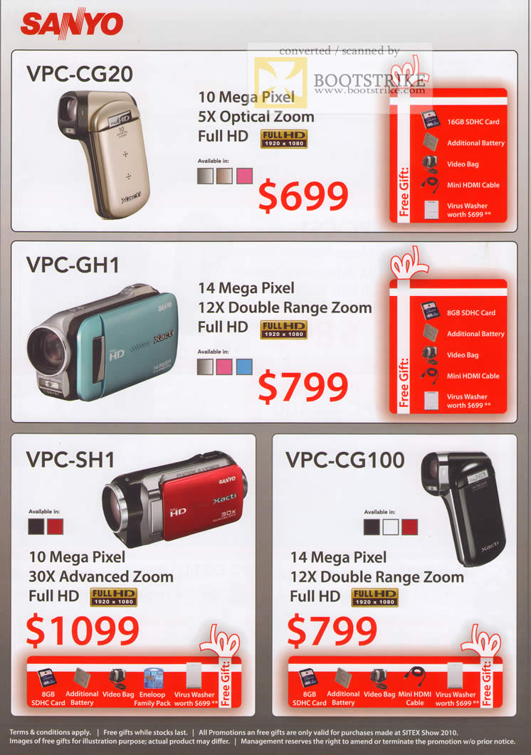 Sitex 2010 price list image brochure of Challenger Sanyo Video Camcorders VPC CG20 GH1 SH1 CG100