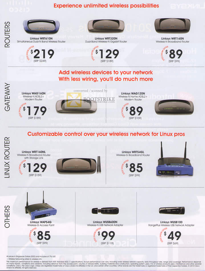 Sitex 2010 price list image brochure of Cisco Linksys Routers Gateway Linux Router Others WRT160N WAG160N WRT160NL WRT54GL WUSBG600N