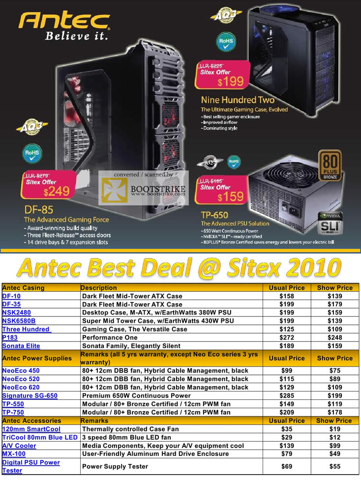 Sitex 2010 price list image brochure of Corbell Antec Casing Power Supplies PSU Cooler Power Tester Fans Sonata P183 Signature SmartCool