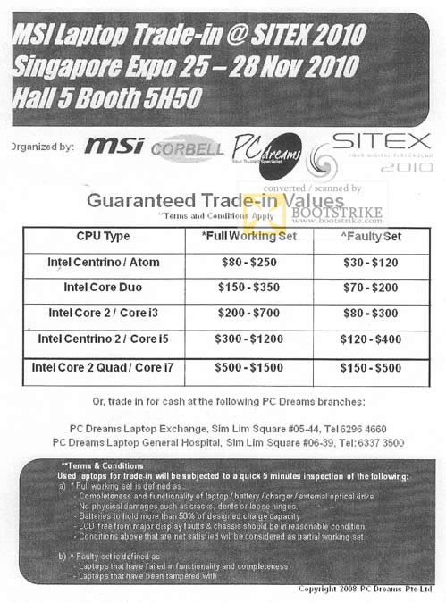 Sitex 2010 price list image brochure of Corbell PC Dreams MSI Notebook Trade In