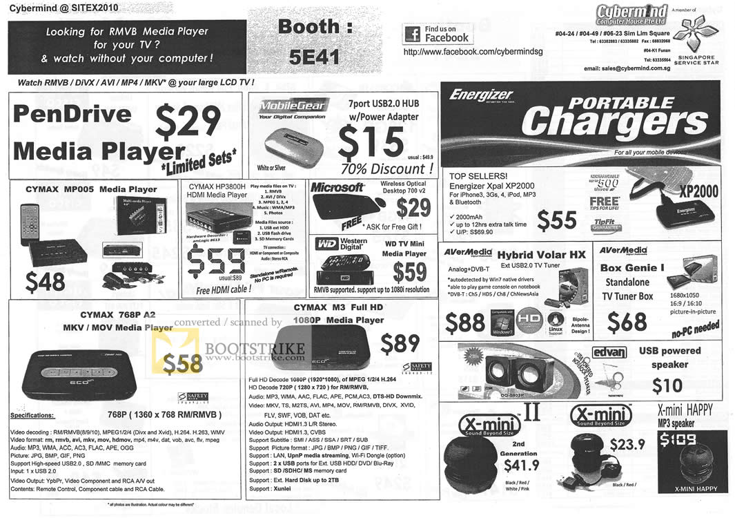 Sitex 2010 price list image brochure of Cybermind Media Player Portable Charger Energizer Avermedia Hybrid MobileGear Cymax X Mini Speakers