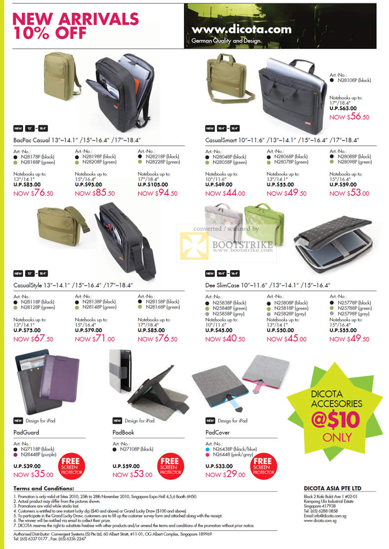 Sitex 2010 price list image brochure of Dicota BacPac Casual CasualSmart Style Dee SlimCase PadGuard PadBook PadCover Accessories