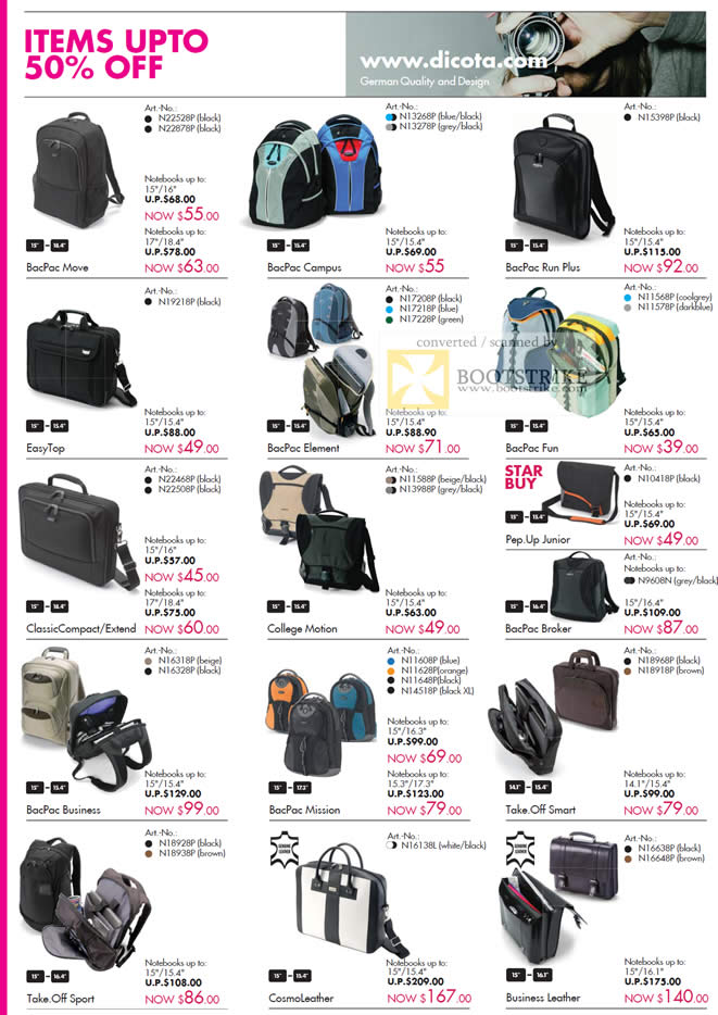 Sitex 2010 price list image brochure of Dicota BacPac Move Element Campus Fun Junior Take Off Sport Leather