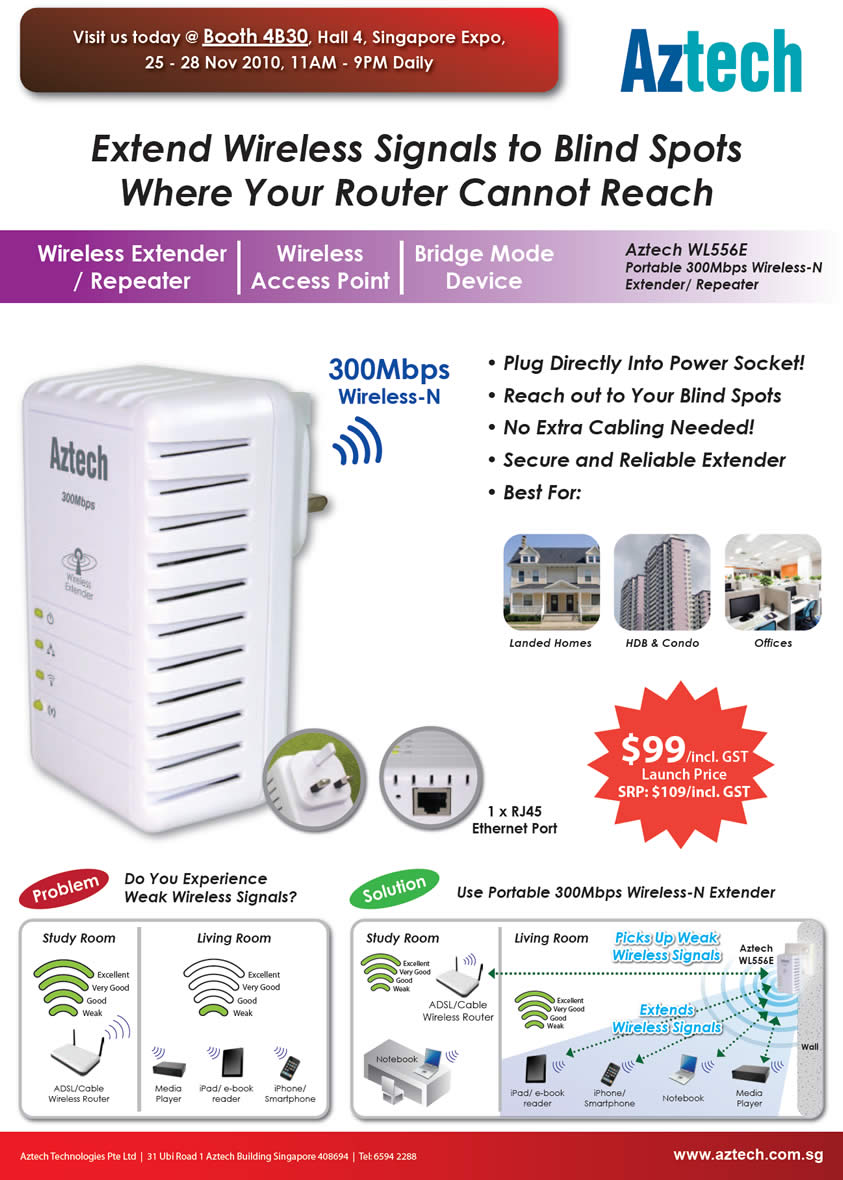 Sitex 2010 price list image brochure of Digital Asia Aztech WL556E Wireless N Extender Repeater