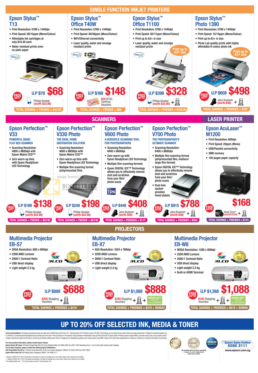 Sitex 2010 price list image brochure of Epson Inkjet Printers Stylus T13 Office Photo 1390 Scanners Perfection V33 V330 AcuLaser M1200 Laser Projectors EB