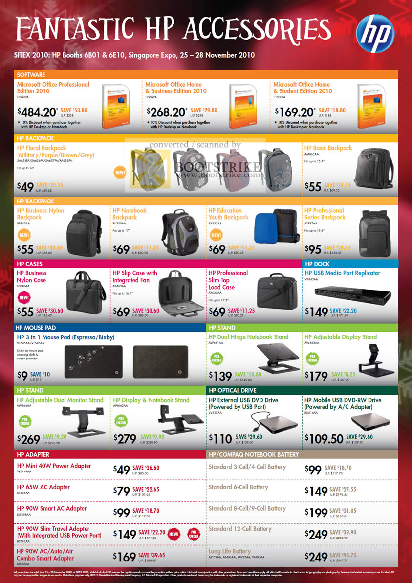 Sitex 2010 price list image brochure of HP Accessories Microsoft Office Backpack Case Dock Replicator Mouse Pad Stand USB DVD RW Power Adapter Battery