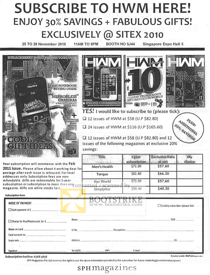 Sitex 2010 price list image brochure of HWZ SPH Magazines HWM Mens Health Torque Her World SimplyHer