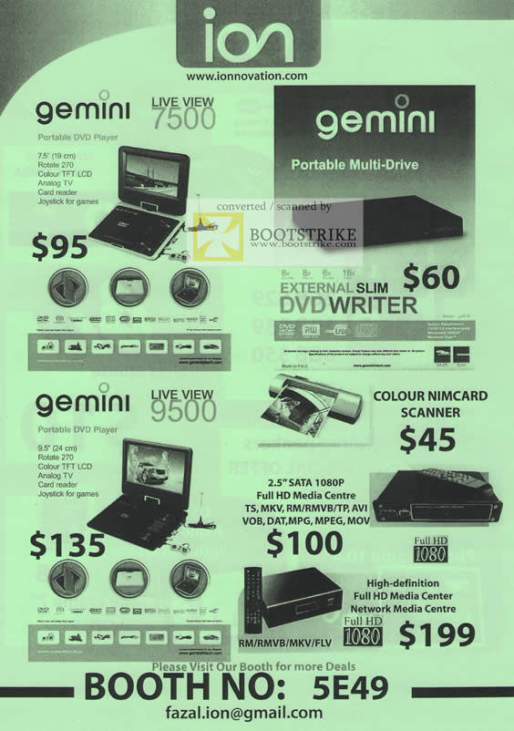 Sitex 2010 price list image brochure of Ion Gemini Live View 7500 DVD Writer External 9500 Scanner Media Player