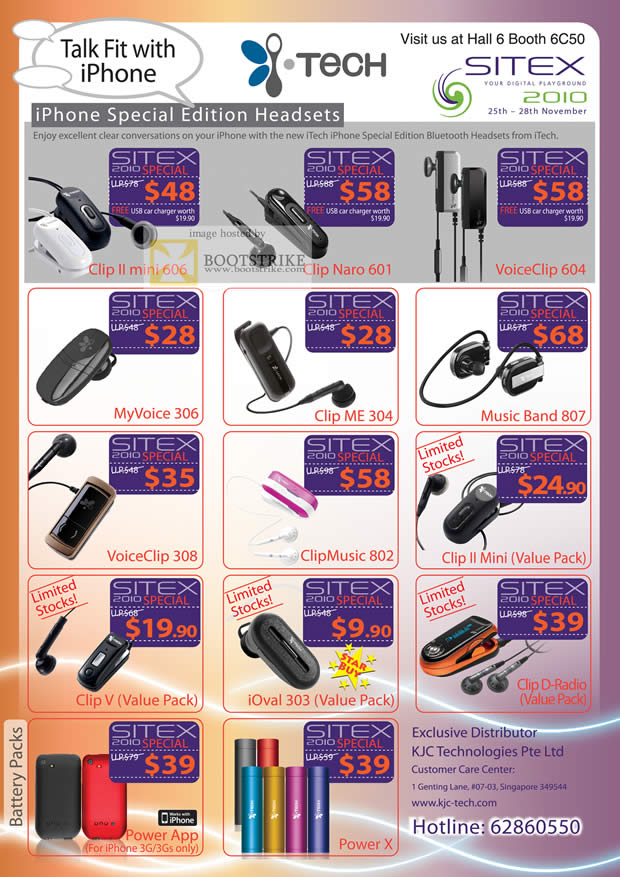 Sitex 2010 price list image brochure of KJC ITech Bluetooth Headsets IPhone Clip II Mini Naro MyVoice VoiceClip IOval Battery Packs Power App X