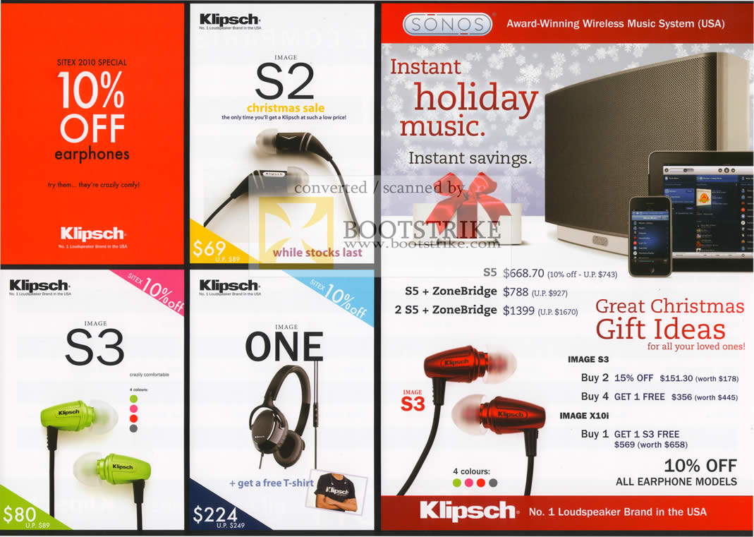 Sitex 2010 price list image brochure of Klipsch Headphone Discount S3 Image One Sonos Wireless Music System ZoneBridge S3 X10i