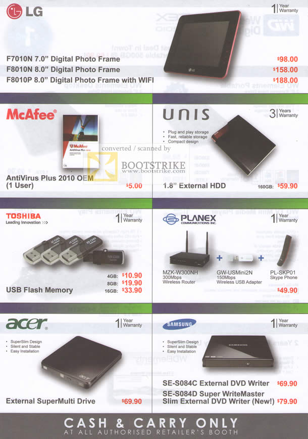 Sitex 2010 price list image brochure of LG Digital Photo Frame McAfee Unis Toshiba Planex Acer Samsung External Storage Router DVD Writer Flash Drive AntiVirus