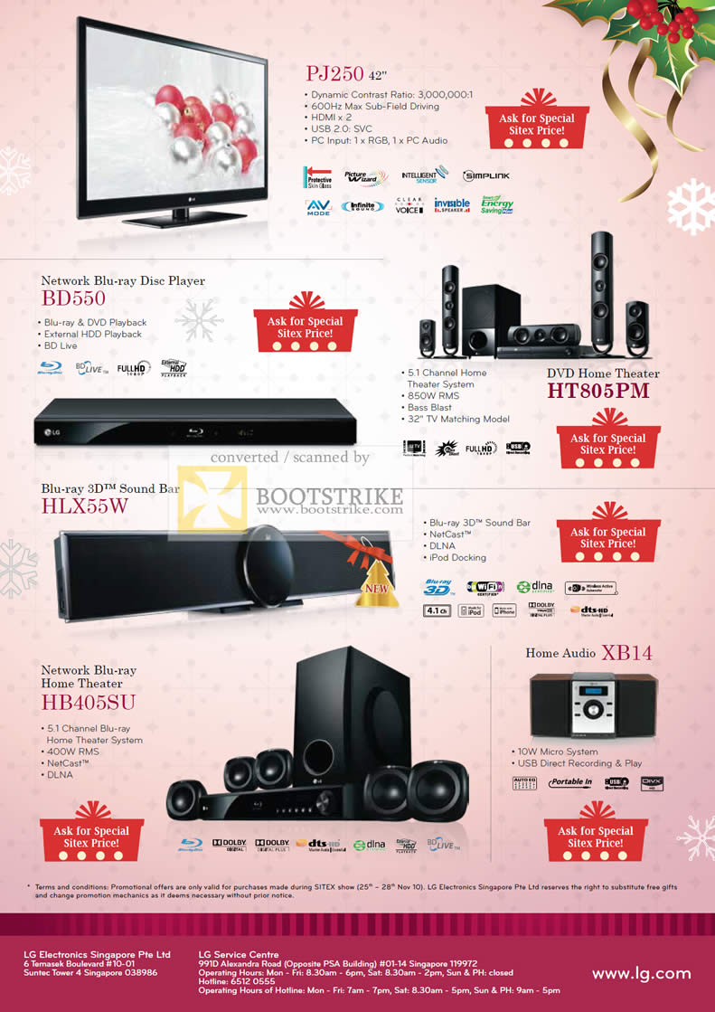 Sitex 2010 price list image brochure of LG TV PJ250 Blu Ray Player BD550 HT805PM HLX55W Theater HB405SU XB14
